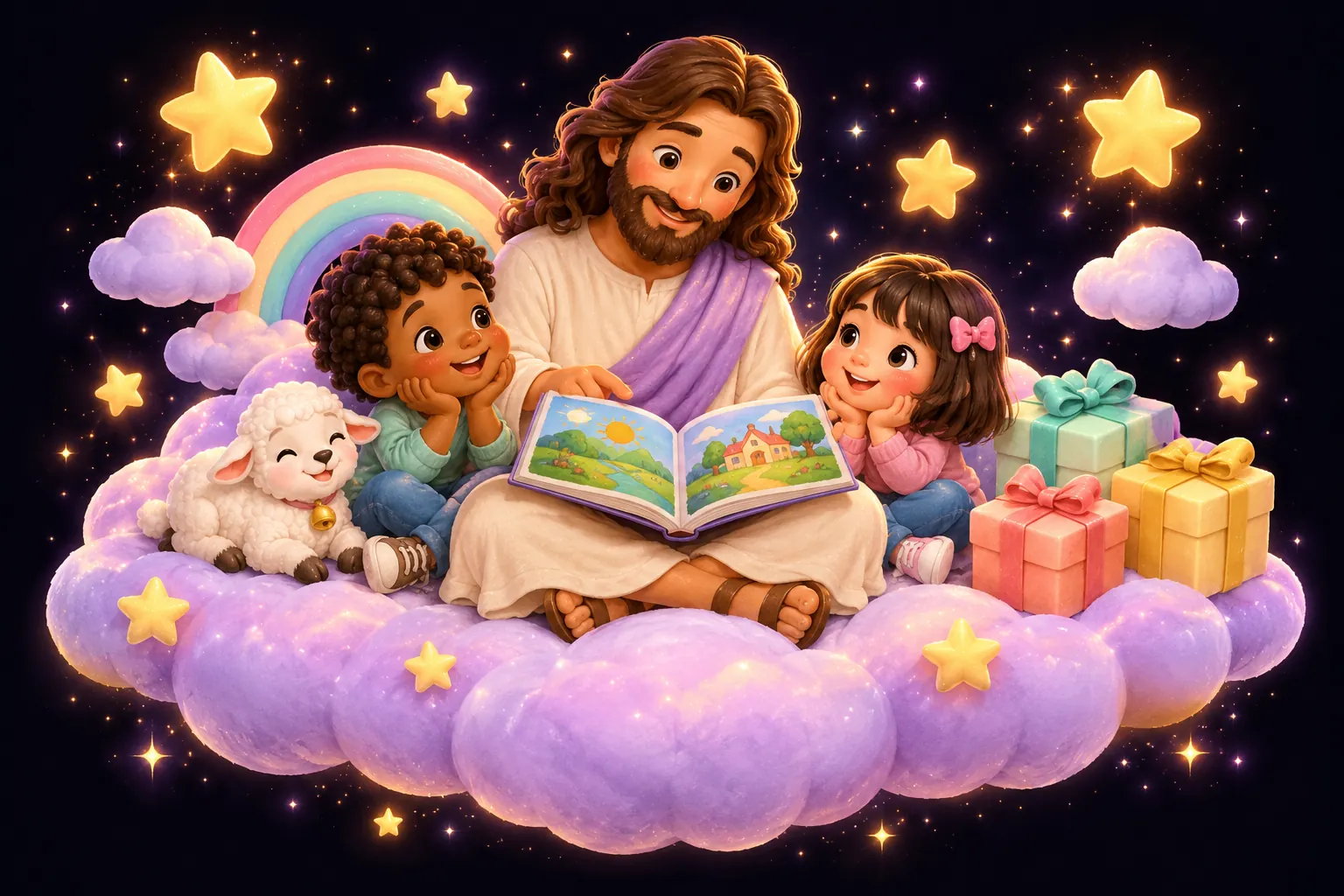 Jesus reading a colorful picture book with two children, a little lamb and pastel gifts on a starry cloud.